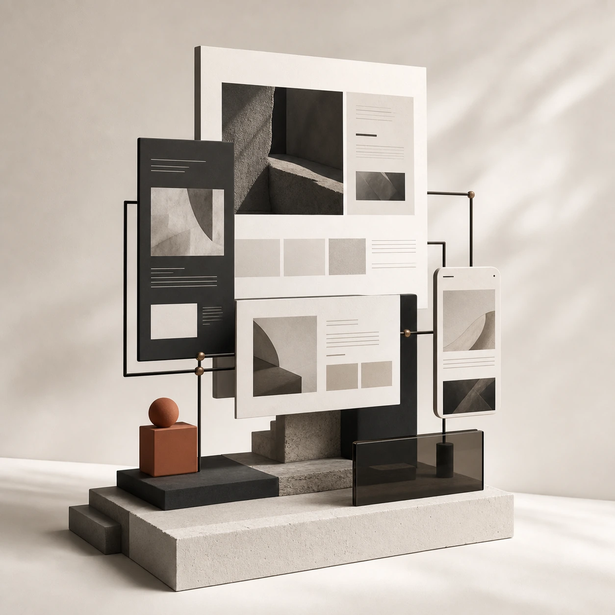 Composizione architettonica di pagine web responsive collegate a una struttura stabile e a un obiettivo centrale