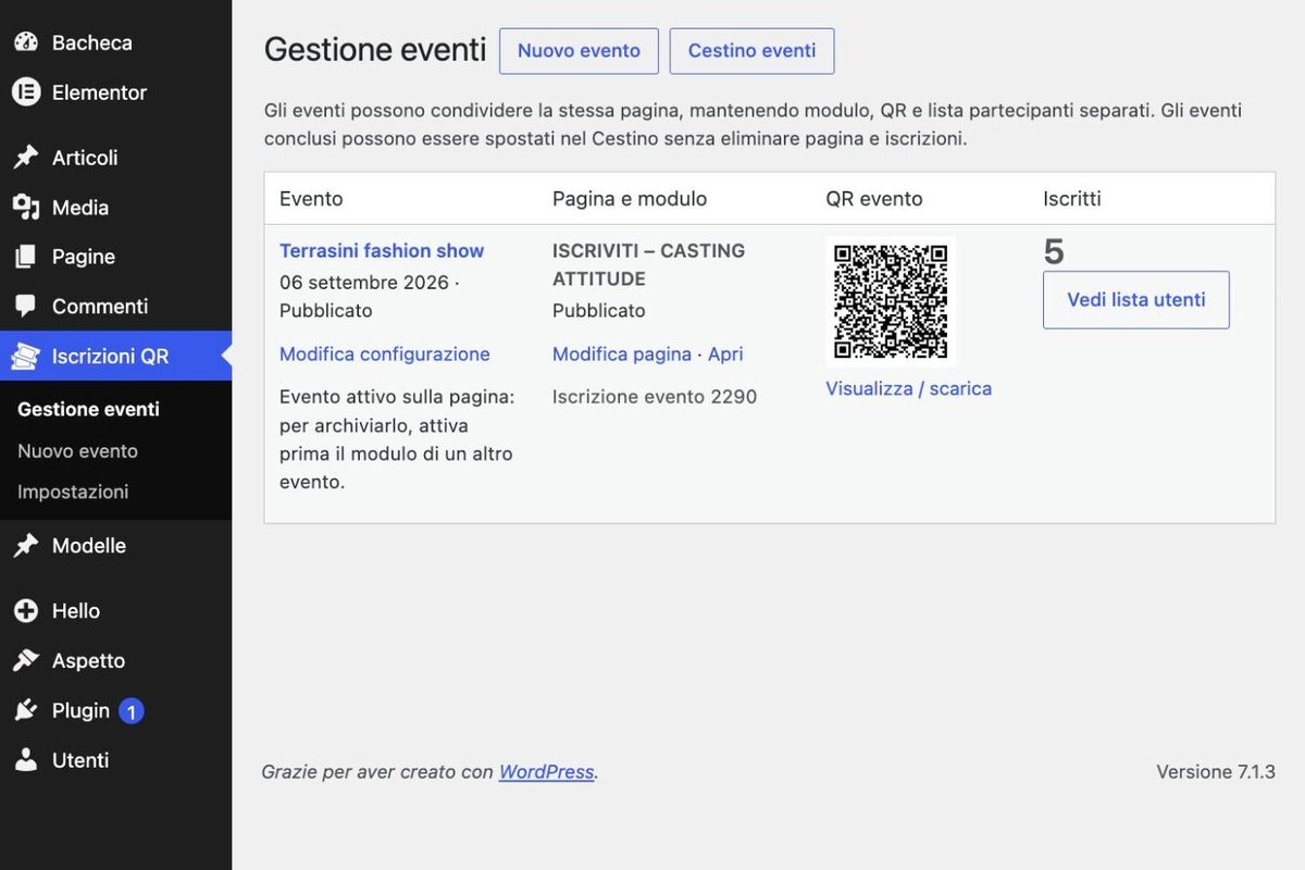 Pannello del plugin Iscrizioni QR di Attitude Models con evento, modulo, QR e iscritti