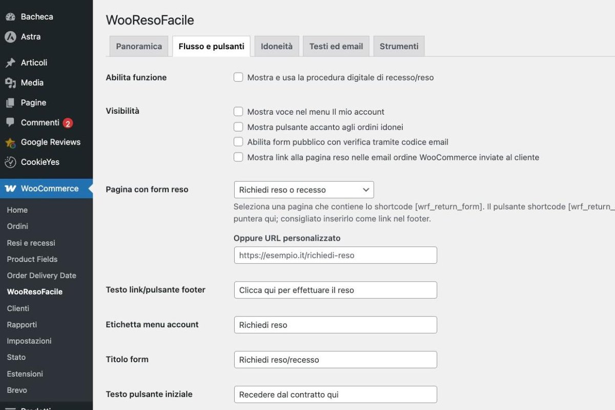 Impostazioni del plugin WooResoFacile per la procedura di recesso e reso in WooCommerce